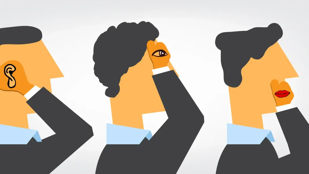 Illustration de trois personnages de profil : l'un écoute, l'autre regarde, le troisième parle