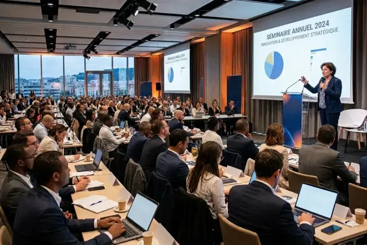 Une intervenante sur scène s'adresse à un large public de séminaire installé à des rangées de tables avec ordinateurs
